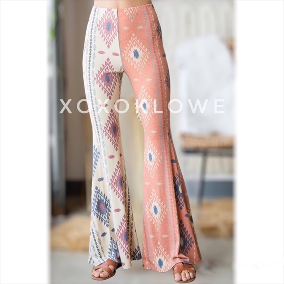 Aztec Print Half & Half Bell Bottom Flares High Waist Slim Fit - Picture 6 of 15